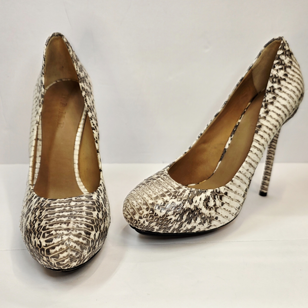 L.A.M.B. Snakeskin Patterned Heels in Cream and Brown